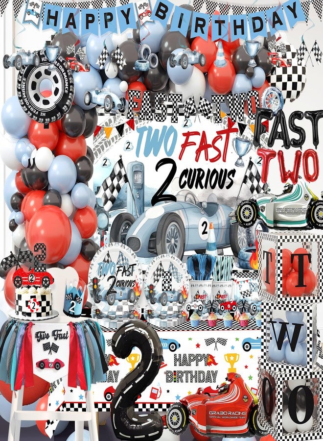 BEOXAGAR Two Fast Birthday Decorations For Boys 2nd Race Car Theme Party Decor Supplies for Baby Party Supplies include Photo Banner Highchair Banner Crown Balloon Boxes Backdrop Tableware Set - Image 1